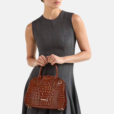 Pecan Melbourne Rosetta Satchel Being Held By Model
