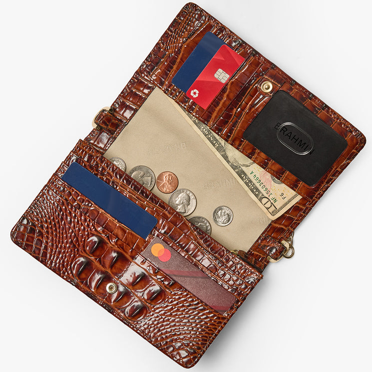 Pecan Melbourne Minuette Crossbody Open with Money and Cards