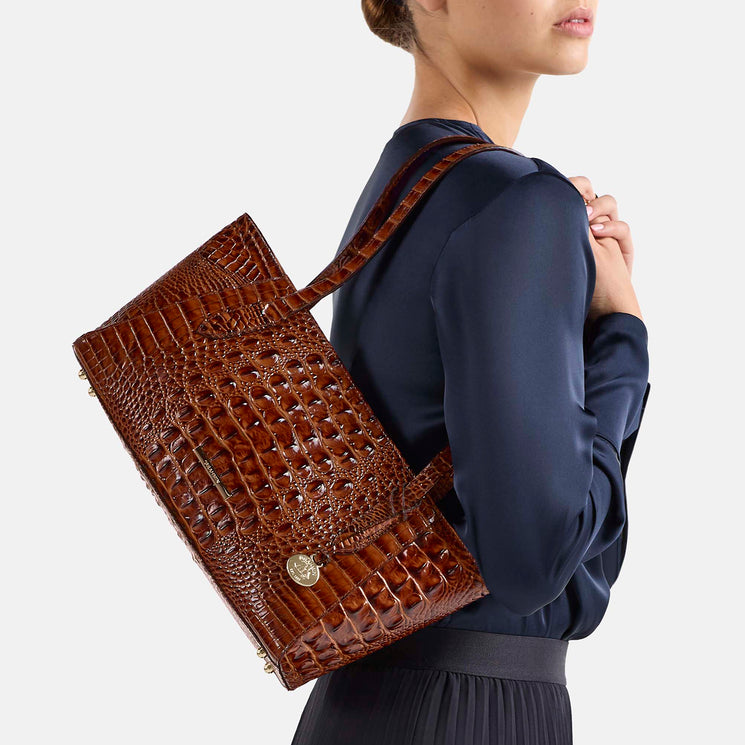 Pecan Melbourne Tonya Tote Being Worn By Model Over the Shoulder
