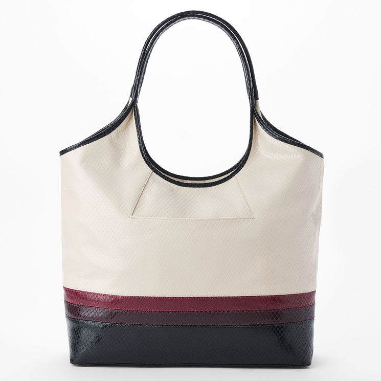 Cream Iona tote bag with black and red accents on a white background. Back view.