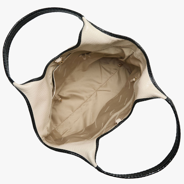 Cream Iona tote bag with black and red accents on a white background. Open top view.