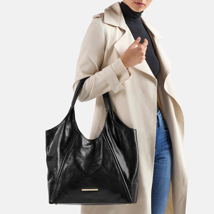 Black Leather Iona Tote Being Worn By Model On the Arm