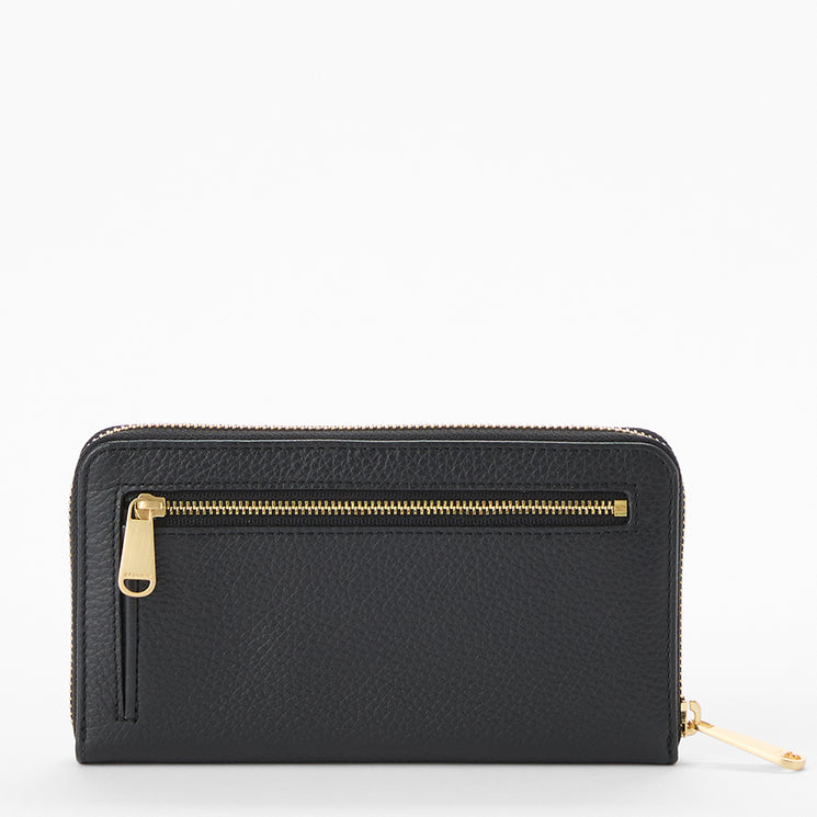 Brahmin black zippered wallet with gold-tone hardware, front pocket zipper and top zip closure, sleek rectangular silhouette, smooth texture, displayed against a white background.