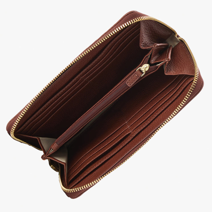Brahmin brown leather wallet open to display multiple card slots, a central zippered coin pocket with gold-tone hardware, and roomy compartments for cash. Shown on a white background, interior view.