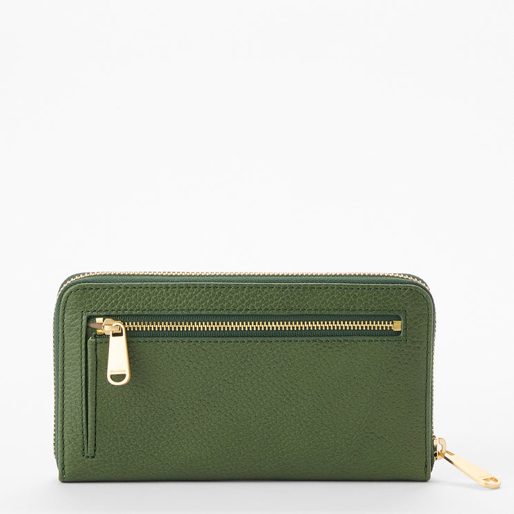 Brahmin green zippered wallet with gold-tone zipper pull, front slip pocket, textured leather finish, and compact silhouette shown on a white background.