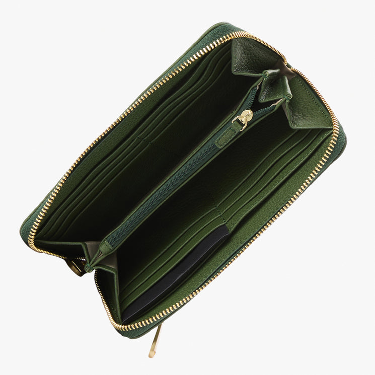 Brahmin green wallet with gold hardware, multiple card slots, central zippered pocket, and wraparound gold zipper, shown open from above on white background.