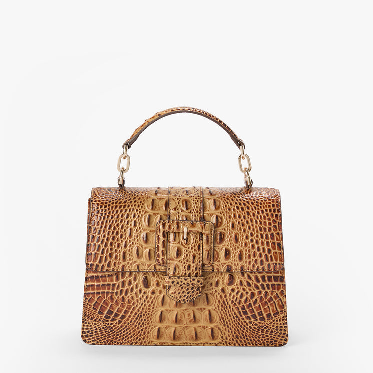 Brahmin structured brown handbag with top handle, embossed textured pattern, and gold-tone hardware, displayed on a plain white background. Compact silhouette, no shoulder strap visible.