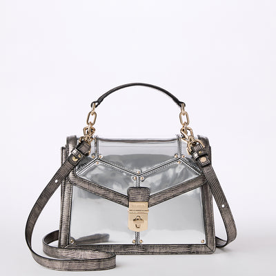 Chrome Tamar Small Hallie Satchel Front View with Strap 
