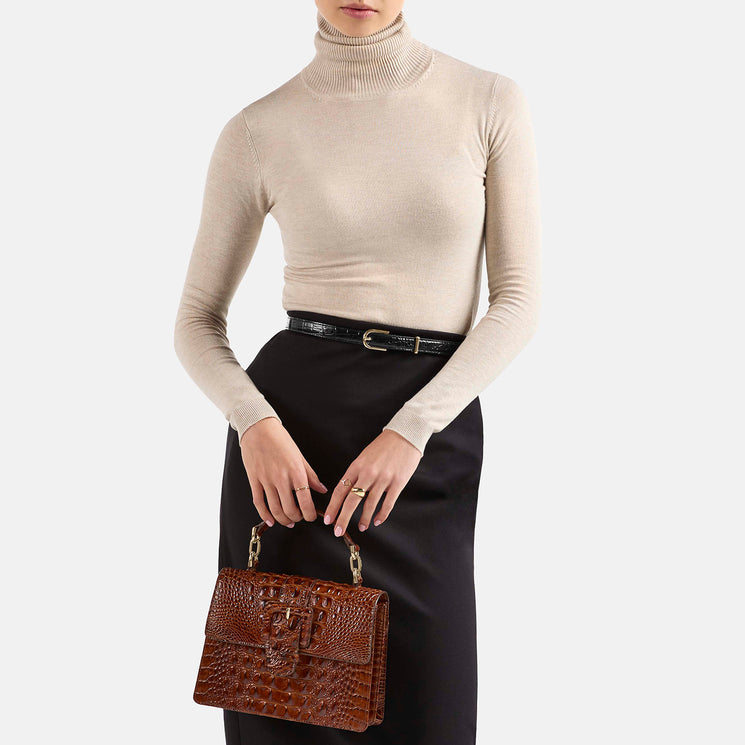 Pecan Melbourne Small Hallie Satchel Being Held by Model