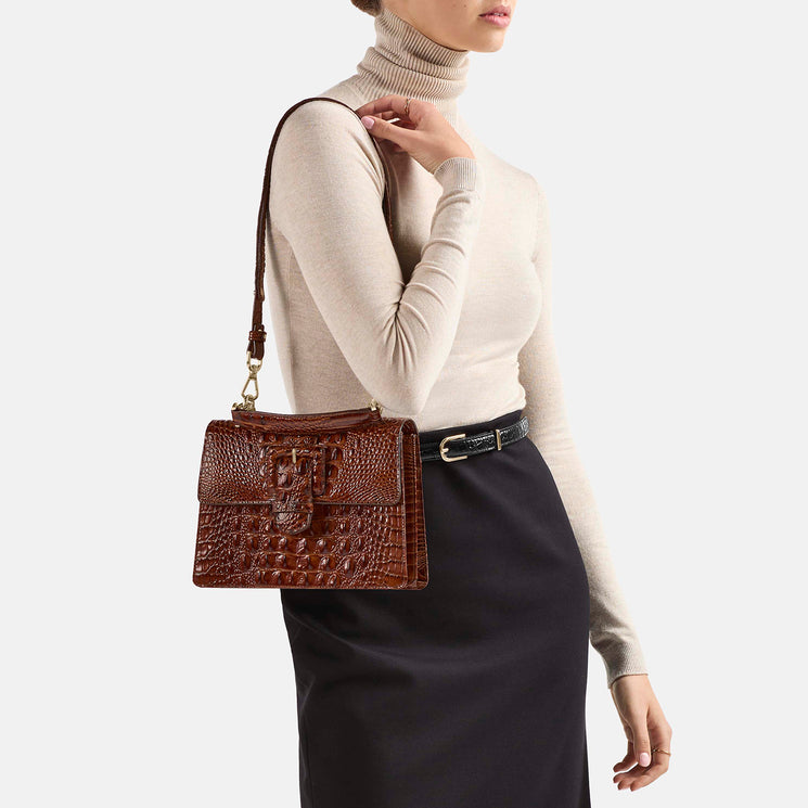 Pecan Melbourne Small Hallie Satchel Worn Over the Shoulder By Model