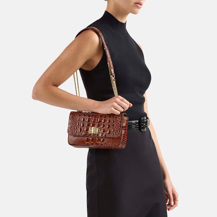Pecan Melbourne Rosa Crossbody Being Worn By Model Over the Shoulder