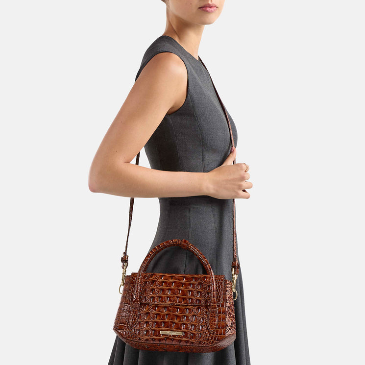Pecan Melbourne Estella Satchel Being Worn By Model Over the Shoulder