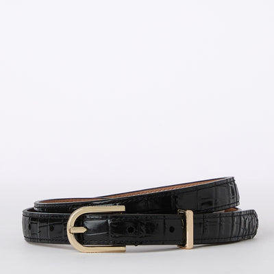 Black Classic Vintage Croc Skinny Leather Gold Buckle Belt
