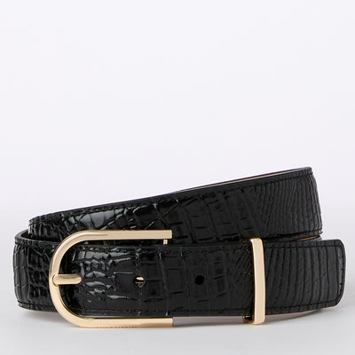 Black Classic Vintage Croc Medium Leather Gold Buckle Belt
