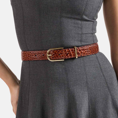 Pecan Classic Vintage Croc Medium Leather Gold Buckle Belt Close Up On Model