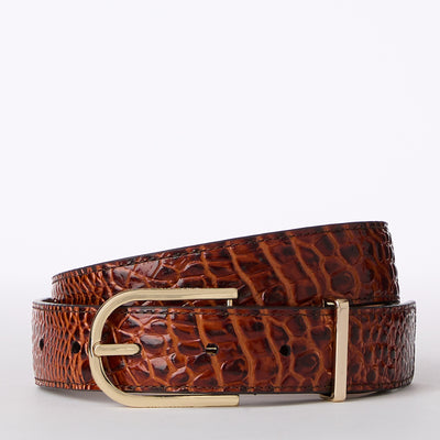 Pecan Classic Vintage Croc Medium Leather Gold Buckle Belt
