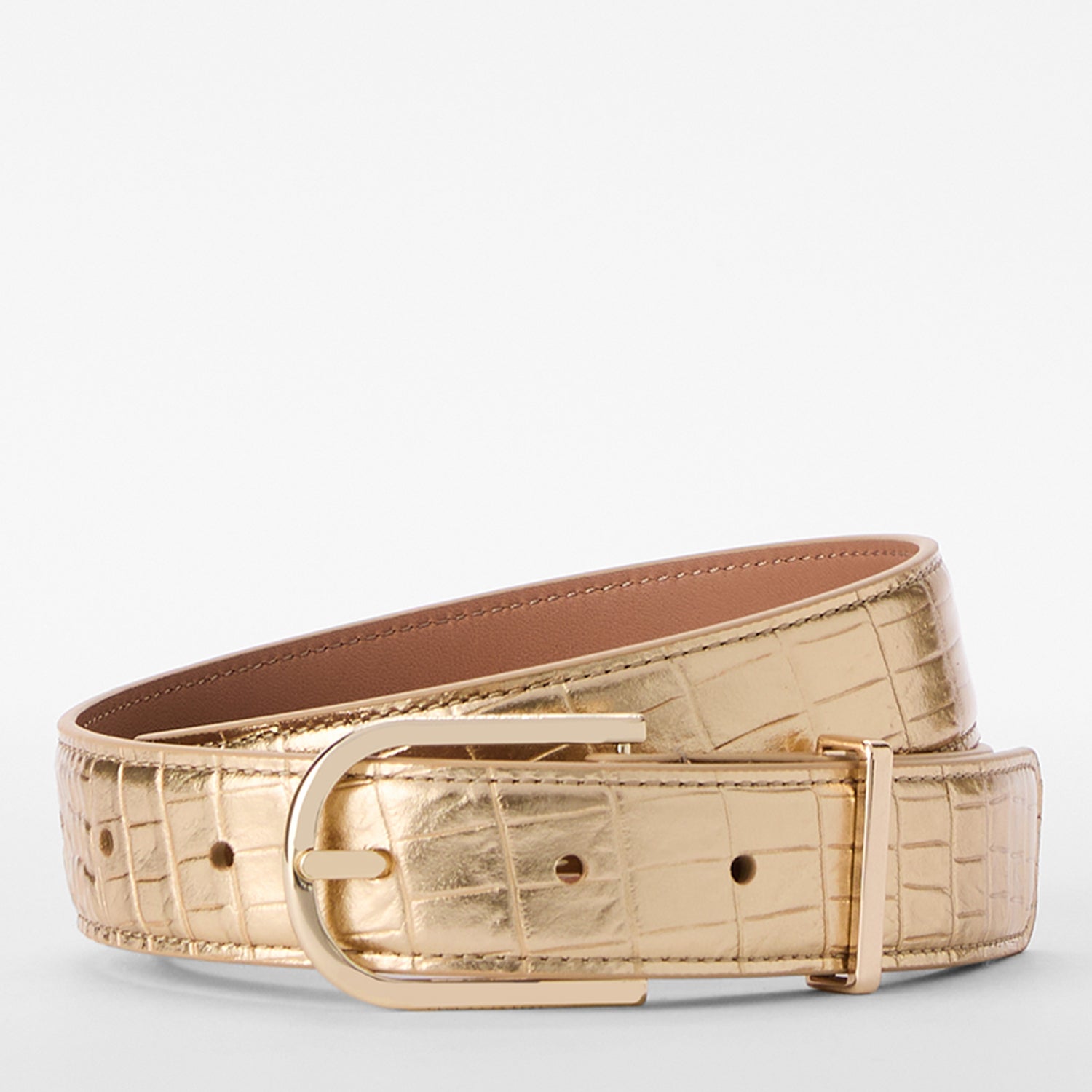 Medium Croc Leather Belt with Gold Buckle | BRAHMIN