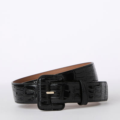 Black Classic Vintage Croc Wide Covered Leather Buckle Belt
