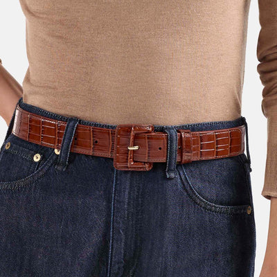 Pecan Classic Vintage Croc Wide Covered Leather Buckle Belt Close Up On Model
