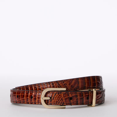 Pecan Classic Vintage Croc Skinny Leather Gold Buckle Belt
