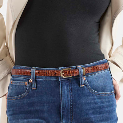 Pecan Classic Vintage Croc Skinny Leather Gold Buckle Belt Close Up On Model
