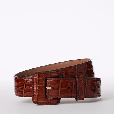 Pecan Classic Vintage Croc Wide Covered Leather Buckle Belt
