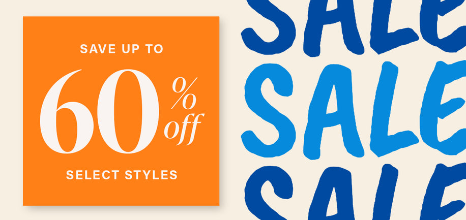 Promotional banner featuring “Save Up to 60% Off Select Styles” in white text on an orange background, with oversized blue “SALE” lettering in the background.